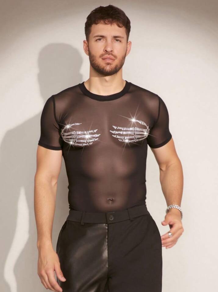 Bonga Boys Sexy Sheer Round Neck Short Sleeve Bodycon T-Shirt men